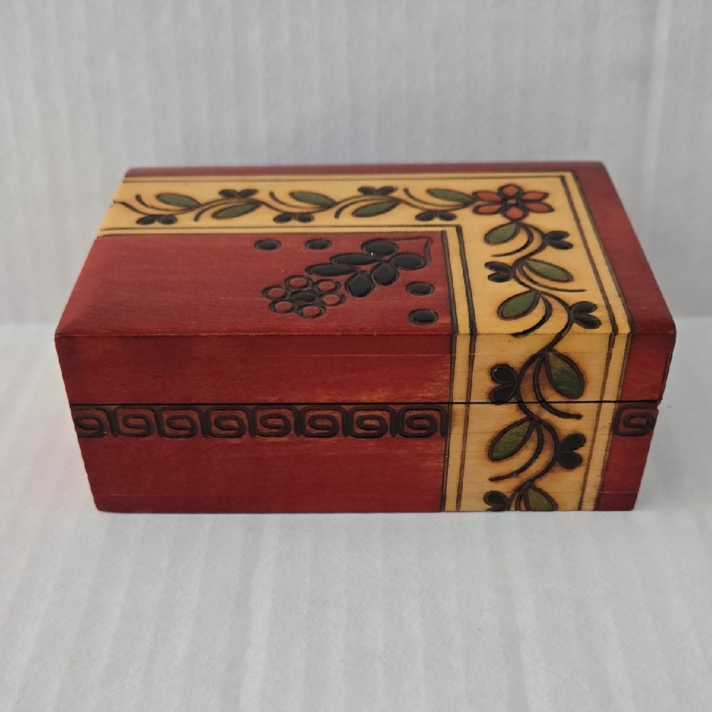 Made in Poland Wooden Jewelry Box w/ Floral Design EUC 5"x2"x3.5"